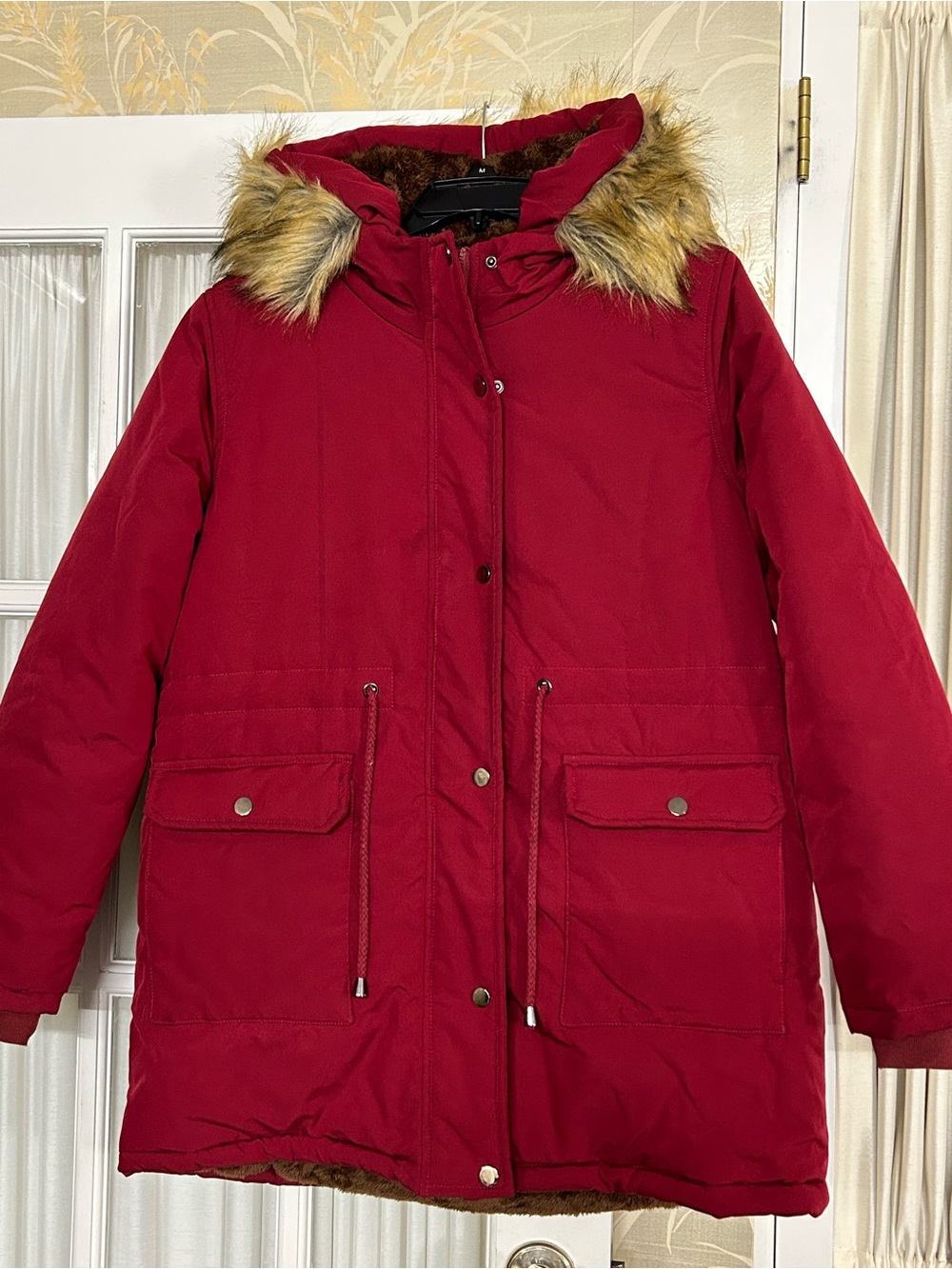 NWT— Women's Red Faux-Fur Trim Hooded Ski Parka